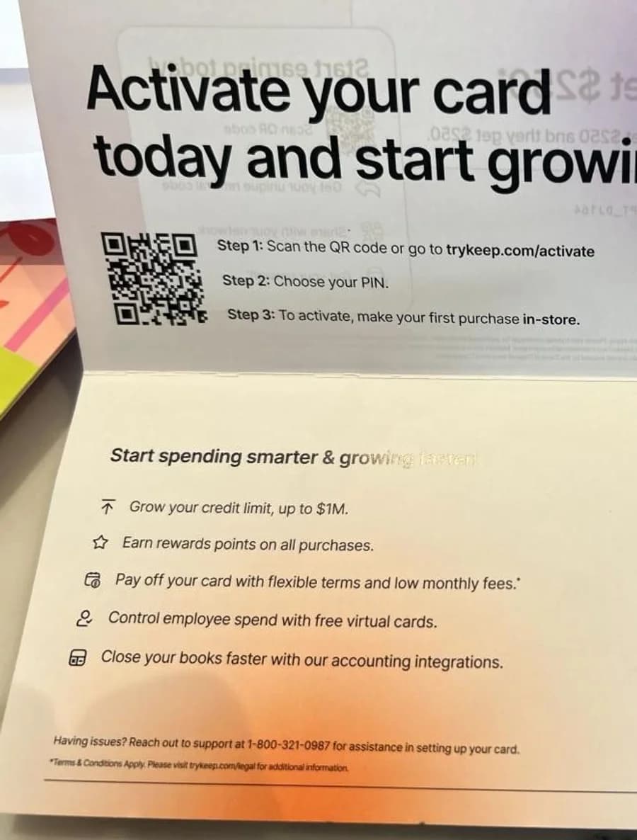 The Keep welcome mailer, showing a QR code and three activation steps: scan, choose a PIN, make a first purchase in store