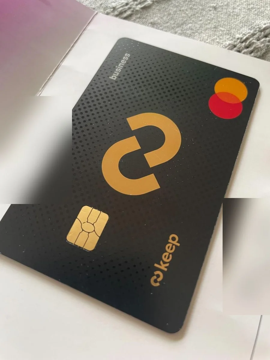 A Keep business Mastercard sitting on the carrier it ships on