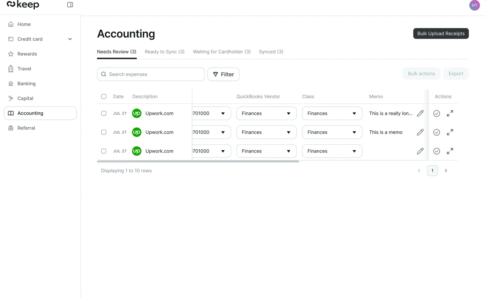 The Keep Accounting screen, with card expenses mapped to QuickBooks vendors and classes across review and sync tabs