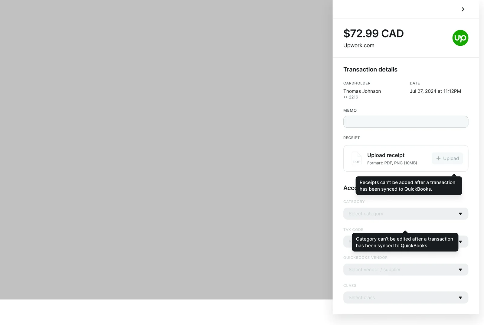 A single Keep card transaction, with receipt upload, memo and category fields locked once it has synced to QuickBooks