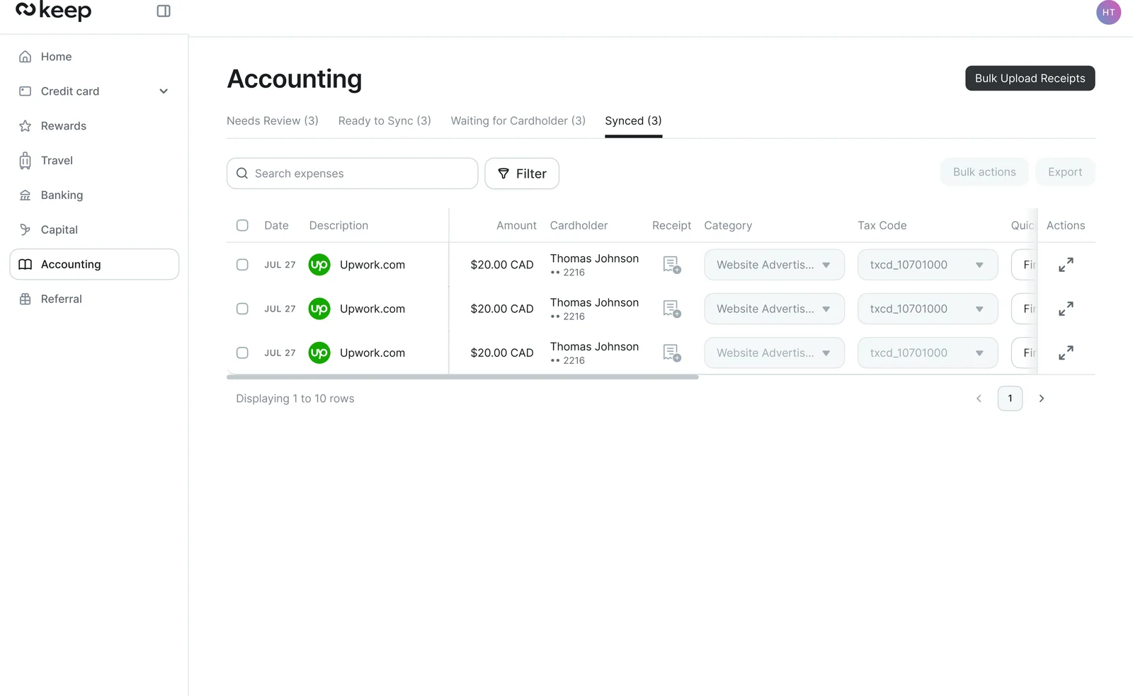 The Synced tab of Keep Accounting, showing expenses with cardholder, receipt, category and tax code