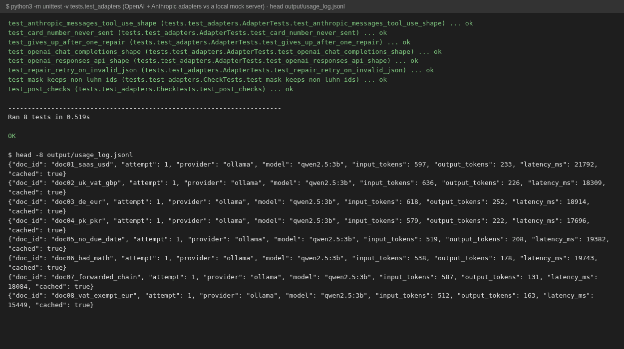 Adapter tests against a mock server, and the usage log