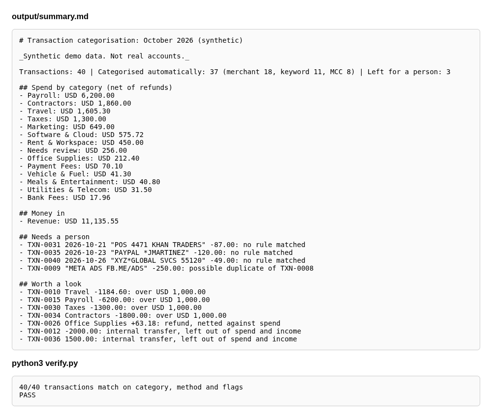 The month-end summary and the check result
