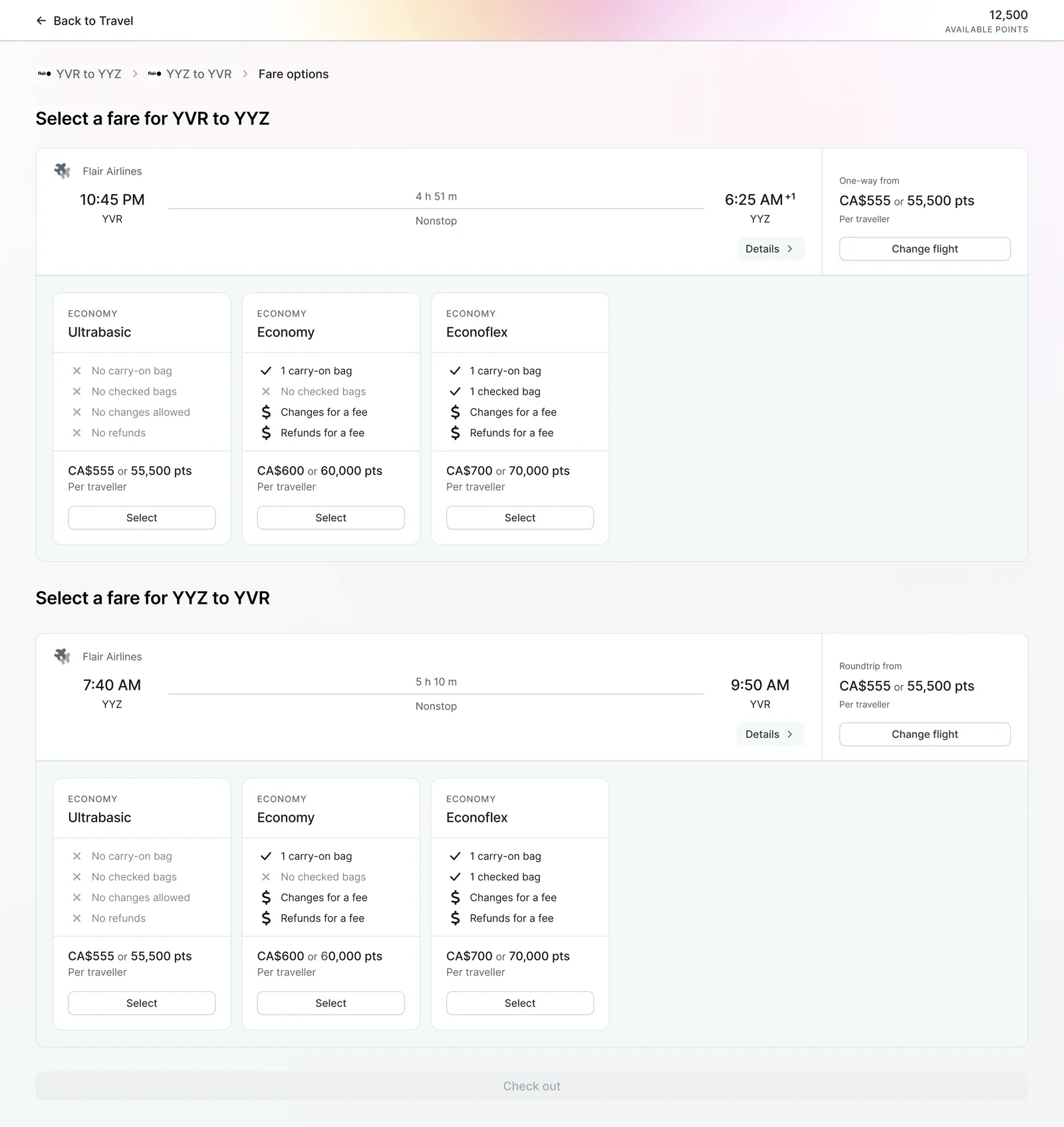 The Keep Travel fare selection screen, comparing Ultrabasic, Economy and EconoFlex fares with baggage and change rules