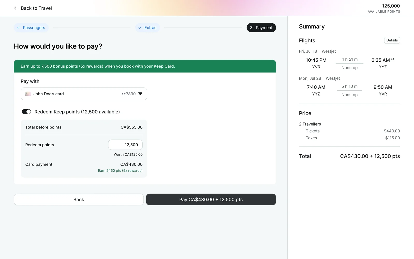 The Keep Travel payment step, showing a booking paid with a split of Keep points and the Keep card
