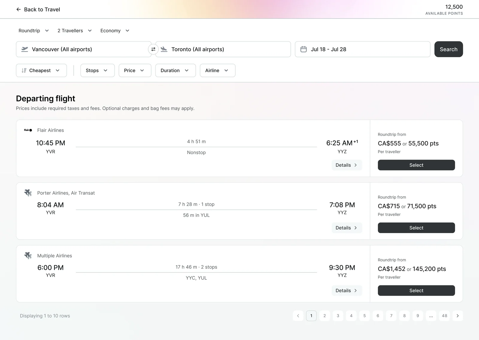 The Keep Travel flight search screen, listing departing flights with prices shown in both dollars and Keep points